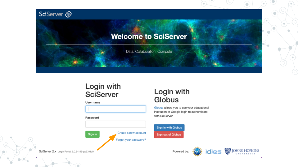 Image of SciServer login page