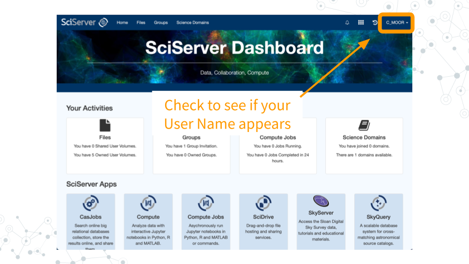 Image of username highlighted on SciServer page