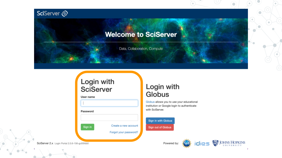 Image of SciServer login page