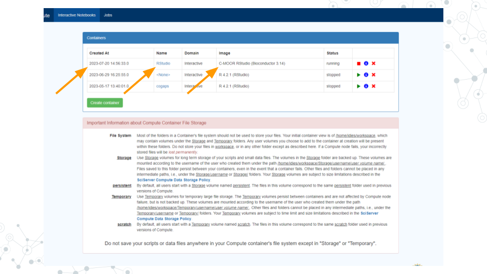 Image of the Compute page with arrows pointing at the container creation time/date, container name, and the container image name