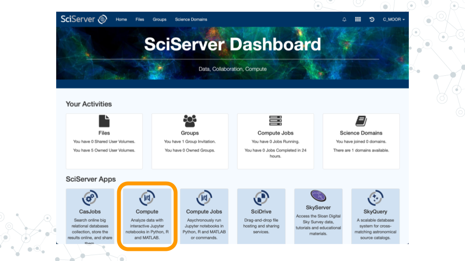 Image of SciServer Dashboard with Compute highlighted