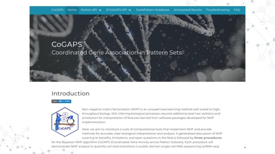 Image of the CoGAPS Guide website homepage