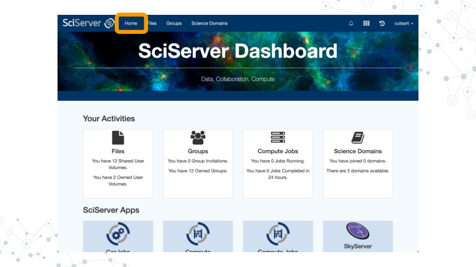 Image of SciServer Dashboard with Home highlighted