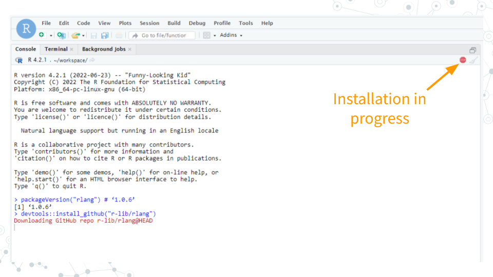 Image of the red STOP sign in RStudio, indicating that installation is still in progress