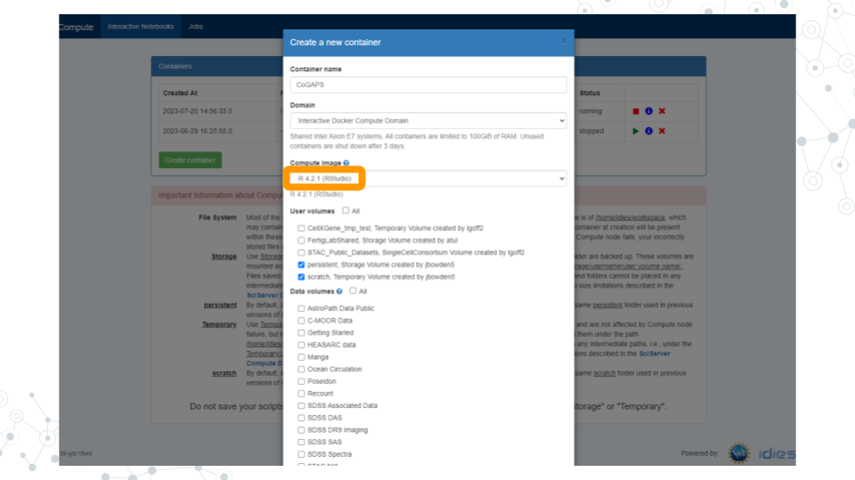 Image of the Compute page with the RStudio compute image highlighted