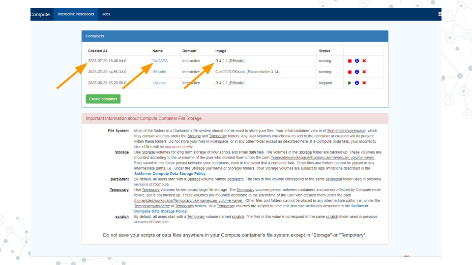 Image of the Compute page with arrows pointing to the date/time of container's creation, its name, and the container image