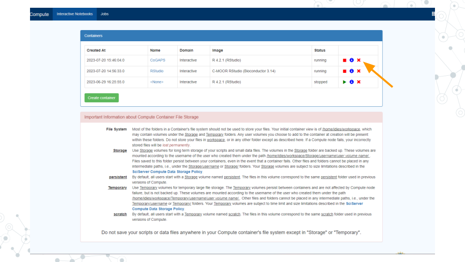 Image of the Compute page with an arrow pointing to the red X button